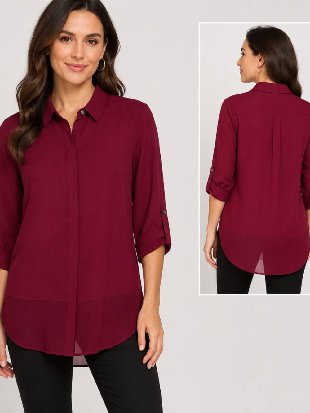 DKNYC Burgundy Tunic Blouse M Sheer Panel Roll-Tab Sleeves Quiet Luxury Workwear